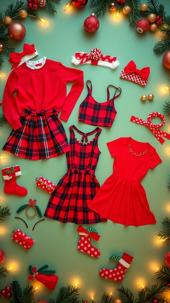 Festive Christmas Party Outfit Ideas for School A collection of stylish Christmas party outfits for school, featuring sweaters, dresses, and accessories on a festive background.